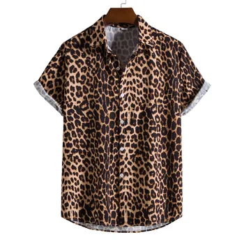 2023, Леопардовая риза с цветен Модел, мъжки Хавайска риза с къс ръкав, мъжки Празнична Плажната Ежедневни риза, Мъжки XXL