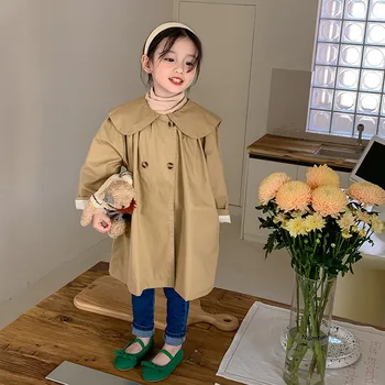 2023 Пролет-есен детски палта за момичета, Памучен Однотонная яке с яка във формата на Лотос, Двубортная Свободна Реколта връхни дрехи за малките момичета