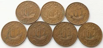 7 различни години Джордж Vi Половин пени Великобритания 1942-1952 1/2 пени 7 монети 100% Оригинал
