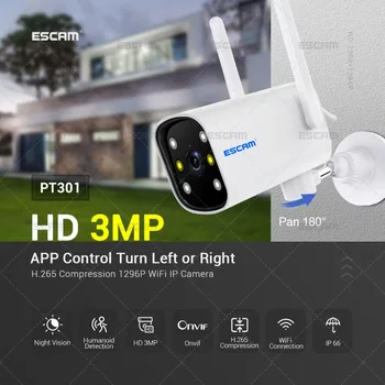 ESCAM PT301 3-мегапиксельное откриване на мобилно устройство, Wi-Fi връзка, насочената глас, интелигентна камера за нощно виждане с двоен източник на светлина