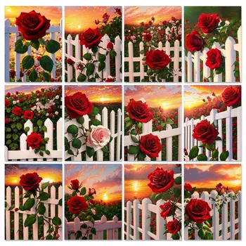 GATYZTORY Рамка за рисуване по номера 40x50 см Комплекти Червени рози на оградата за Оцветяване по номера За възрастни Убие време на Стенно Изкуство Diy Gi