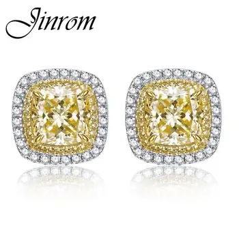 Jinrom S925 Сребърни обеци-карамфил от напукани лед 8 * 8 mm, с квадратни жълт диамант с високо съдържание на въглерод и на скъпоценни камъни