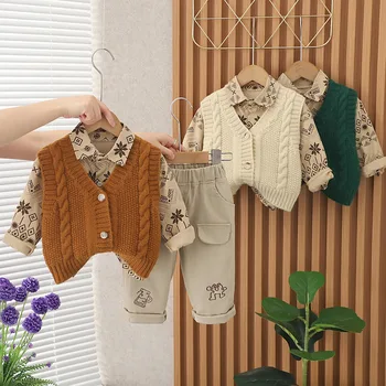 MILANCEL /2023, Есенна нови дрехи за деца, обикновен пуловер Brothers, комплект от 3 теми, вязаный Случайни облекло