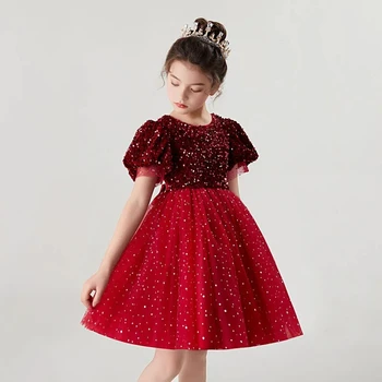 MODX, празнична рокля с пайети за малки момичета, детски мрежести рокли пачки с къс ръкав за момичета, мозайка Принцеса рокля с лък от 2 до 10 години