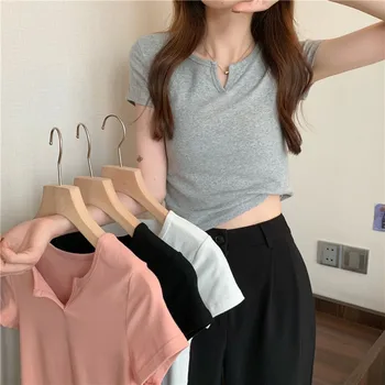 Дамски летни однотонная къса розова тънка женска тениска с къс ръкав, Лятна нови дрехи, корейски тениски