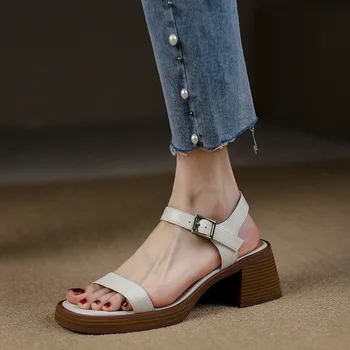 Дамски римски сандали от естествена кожа на дебелите ток и дебела подметка, новост лятото 2023, реколта универсални обувки с отворени пръсти на висок ток