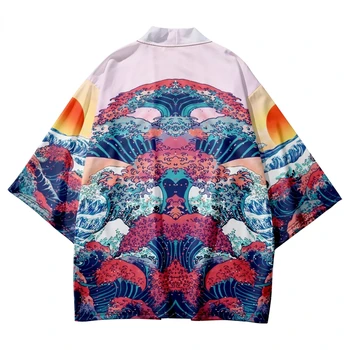 Дизайнерски японски ризи хаори с една вълнообразна принтом, Градинска дрехи За мъже И жени, Традиционен Жилетка, Кимоно, Плажна Юката Плюс