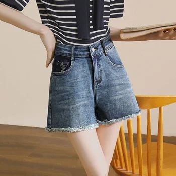 Дънкови къси панталони за жени Голям размер, реколта ежедневните Свободни корейски модни широки дънки, Панталони трапецовидна форма, с висока талия, дамски дрехи