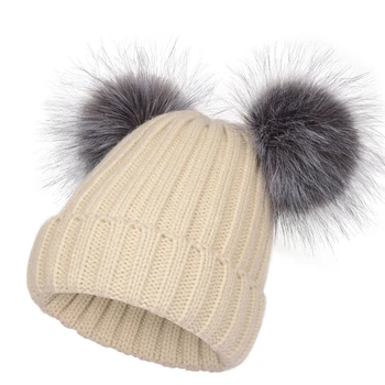 Зимна шапка с pom-помераните от естествена кожа За деца, скъпа Вязаная топла шапка за момичета и момчета, Детски шапки, плетени калъф за топли шапки-Бини
