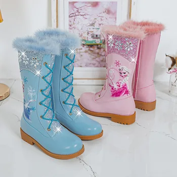 Зимни обувки за момичета Disney, плюшени зимни обувки, Детски ботуши с високи ръкави, Блестящи обувки с пайети за момичета, памучни обувки принцеса Елза