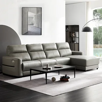 Италиански минималистичен първокласен модулен диван за хол, малък блок, кожен ъглов диван с електрически люк, комбинация на мека мебел