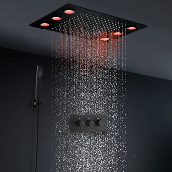 Комплект дюзи за тропически душ LED тавана-вградени душ Термостатичен смесител с 2 начина на смесване на черна повърхност