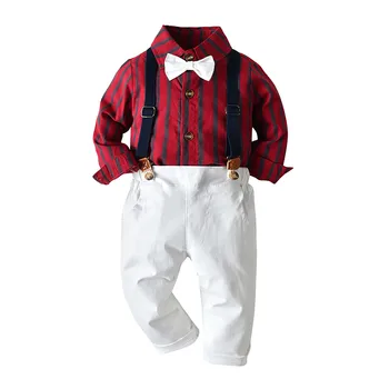 Комплект от 3 теми за един господин с папийонка, Блузи и панталони на райе с дълги ръкави за по-малките момчета, детски дрехи, гащеризони conjuntos para niño