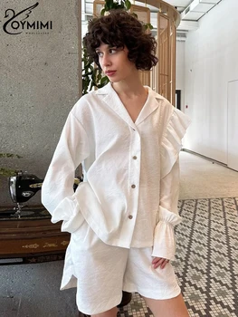 Комплекти за Ежедневните си бели шорти Oymimi За жени, 2 предмета, с модерна риза с дълги ръкави и набори, шорти с висока талия, Костюми, Дамски дрехи