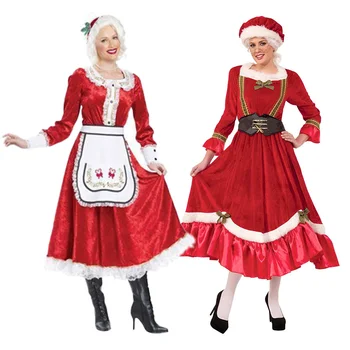 Костюми на Дядо Коледа на Хелоуин, Cosplay, Карнавал, Възрастни Жени, Коледна Червена дрехи + шапка, Престилка S-XXL, Коледни червена рокля Прислужница
