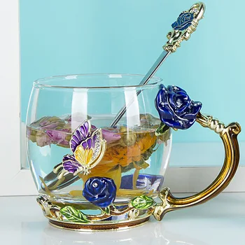 Кристален чаша с емайл от сини рози, чаша за цветята-чай, висококачествена стъклена чаша за вода с дръжка, идеален подарък за влюбени, подарък кутия за сватба