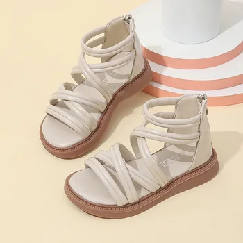 Летни сандали с препратка джапанки за момичета 2023 г., обикновена обувки на плоска подметка с мека подметка и висока берцем, Ежедневни детски обувки в римски стил за принцеси