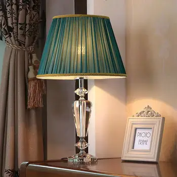 Луксозен кристален настолна лампа в скандинавски стил, нощна лампа за дневна, спалня, топъл текстилен лампа, декорация на дома
