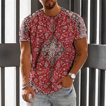 Лятна мъжка тениска с 3D принтом в етнически стил, къс ръкав, ежедневни модна тениска за мъже, върхове с кръгло деколте, мъжки дрехи голям размер