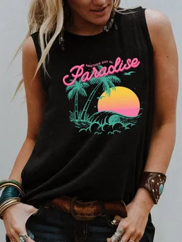 Лятна цветна дамска мода, 3D плажен топ с принтом залез слънце, тениска без ръкави, женски стил за отдих, ретро