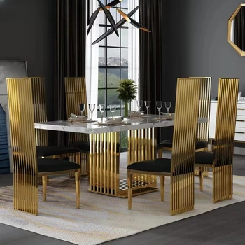 Модерен и луксозен Мраморна маса за хранене и столове Кухненски мебели От неръждаема стомана със злато в основата на Маси за трапезария Стол