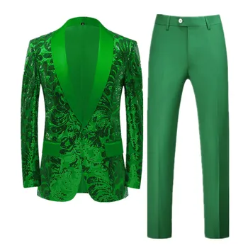 Модерен Мъжки костюм с пайети Златни/зелен Цвят, с Луксозно Мъжко Рокля за изпълнения на Сватбената денс парти, Мъжко Сако, панталони