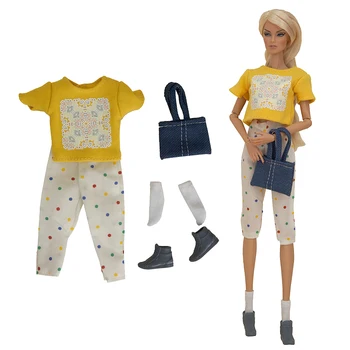 Модни Жълти Пролетни Тоалети за кукли грах за Барби, Съкратен Топ, Панталони, Чанта, Обувки, Чорапи, Комплект дрехи, Аксесоари за Кукли, детски играчки