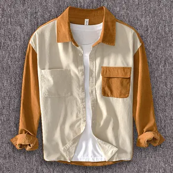 Мъжки Вельветовая риза в цвят блок, яке копчета, есенна текстурирани риза, Ежедневни ризи с дълъг ръкав и джоб с капак