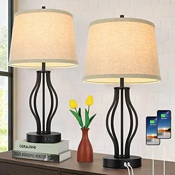 Настолни лампи с докосване и 2 USB порта за хол, комплект нощни лампи с регулируема яркост на 2, 3 позиции, с бели и прозрачни нюанси
