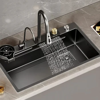 Неръждаема стомана 304, черен водопад Raindance, Кухненска мивка, Голяма мивка с една чаша, мивка за измиване на лицето, Водосточни кран за горен монтаж