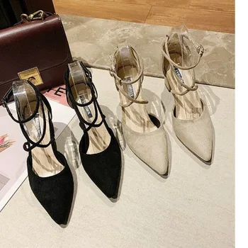обувки женски Женски Френски обувки на висок Ток 2023, Есенни Фини обувки с остри Пръсти, Велурени обувки на Мери Джейн, Обувки в тон Феята, Дамски обувки с пола