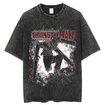 Реколта выстиранные тениски chainsaw man Аниме тениска Harajuku Oversize Tee Памучен модни градинска облекло унисекс топ