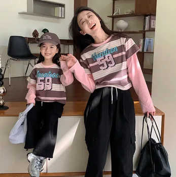 Розова тениска с дълги ръкави, тениска на райета за майки и Дъщери, Модни дрехи за малките момичета, Женска тениска в корейски стил