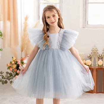 Сетчатое рокля на принцеса, дрехи за рожден ден на малки момичета, Детски сватбени рокли с пайети, детско лятно бална рокля, костюм за бала, премяна