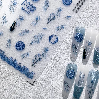 Син Черен Бамбук в Китайски стил, 3D Самозалепващи етикети за дизайн на ноктите, Водни мастила, пеперуда Орхидея, стикери за Маникюр на едро