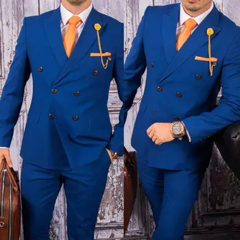 Сини мъжки костюми, двубортный яке от две части, панталони, всекидневни сватбен блейзър с ревера на младоженеца, луксозен мъжки костюм