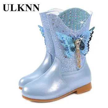 Сини обувки за момичета, детски зимни обувки, Нови детски обувки с кристали и пеперуди, Синя детски обувки Cuhk