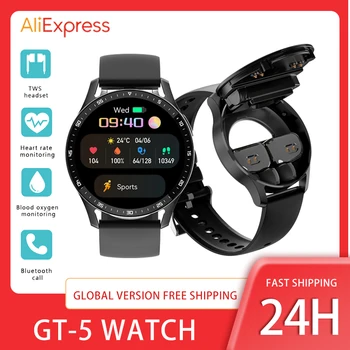 Смарт часовници GT-5 Tws Bluetooth Слушалка за да отговорите на повикване С голям екран с висока разделителна способност, музикална Водоустойчив за мъже и жени за Huawei Android, IOS Series