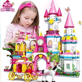 Строителни играчки Принцеса в замъка за момичета - Къща-Мечта за момичета 5 в 1, Розова Замък и треньорът, Игрални комплекти, Набор от градивни блокове Fantasy G