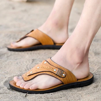 Тенденция на летни плажни сандали от естествена телешка кожа с неплъзгащи подметки, нови мъжки чехли от телешка кожа, увеличаване на растежа