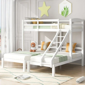 Тройно легло, трехъярусная легло с приставной стълбите, за деца и юноши, бяла (90 x 200 см)
