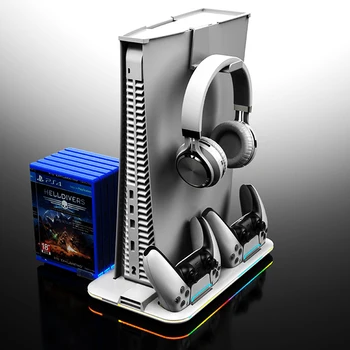 Хоризонтална поставка за PS5 с охлаждащ вентилатор и контролер PS5, зарядно устройство за конзолата Playstation 5, притежателят на слушалки за конзолата PS5, 3 USB-хъб, RGB LED
