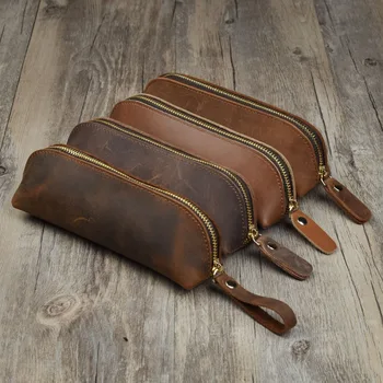Чанта за моливи от естествена кожа, лесен за употреба за канцеларски материали в Ретро стил, джоб за химикалки, ръчно изработени, чанта за багаж, чанта за моливи с цип, ученически пособия
