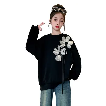Черна Hoody с дълги ръкави за момичета, Блузи с цветя, Пролетно-Есенен Детски Дрехи, Ежедневни hoody 8 10 11 12 13 14 години