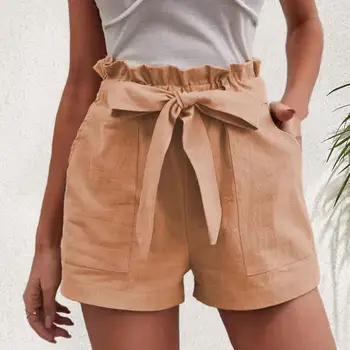 Шорти с лък, Стилни дамски летни панталони с еластичен ластик на кръста и джобове с лък, Всекидневни Свободен приятелка, Дължина над коляното, за жени