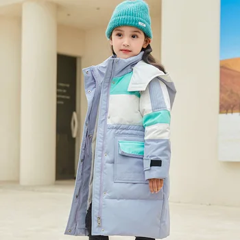 Якета за утином топола за момчета и момичета на студена зима, плътно топло детско Дълго палто с качулка, Детски дрехи в стил мозайка XMP319
